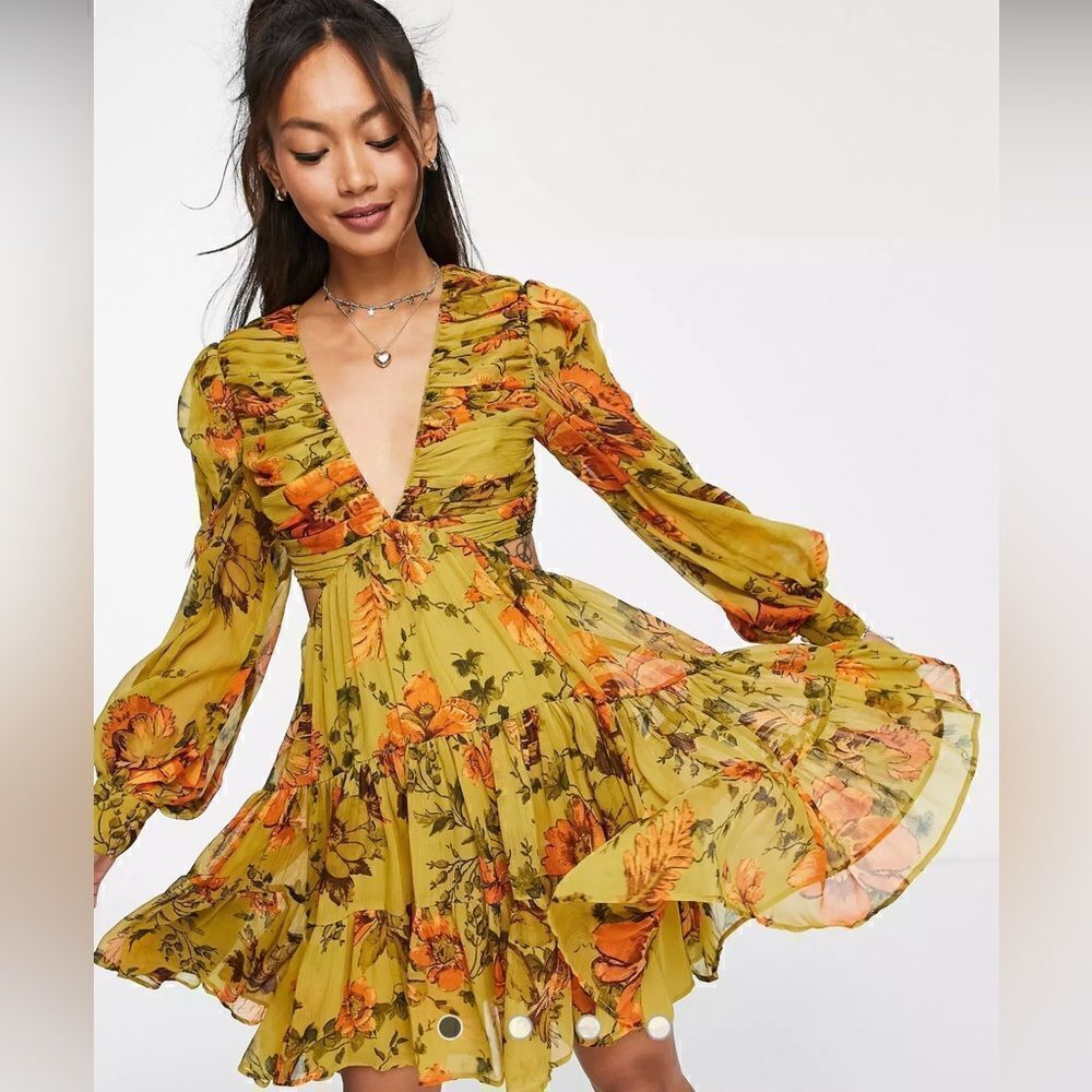 Floral V-Neck Mustard Mini Dress with Long Puff Sleeves